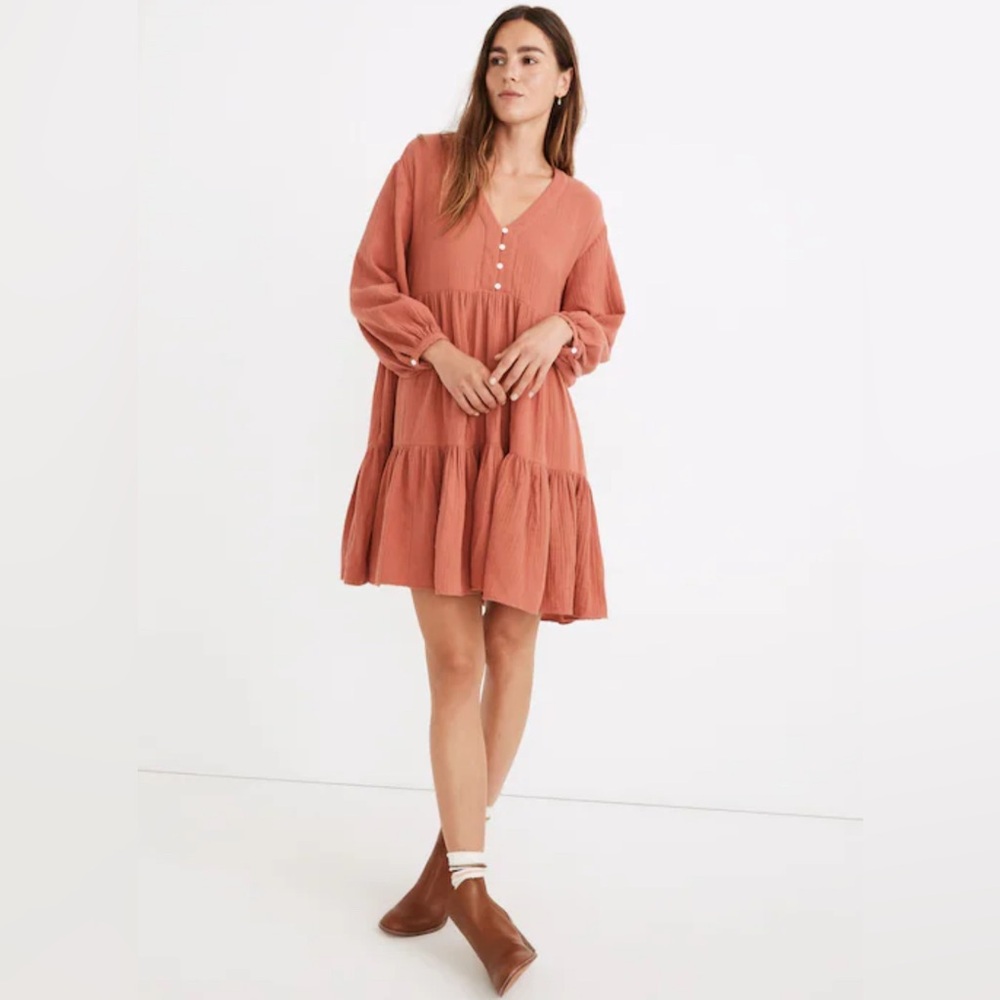 Madewell Lightspun Collette‎ Cotton Button Tiered Pink Red Mini Dress- XL